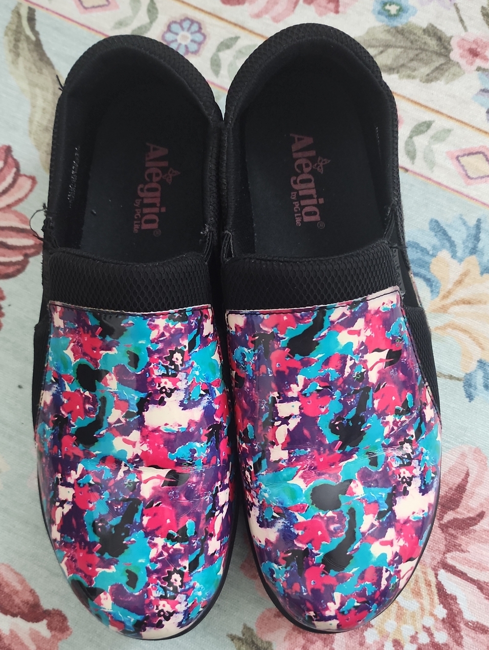 Alegria Slip-On Mules in Pink, Teal & Purple Abstract Print